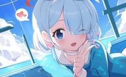 银发少女V字手势的欢乐动漫壁纸