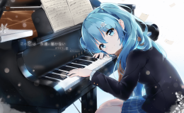 雪日琴韵蓝发少女的静谧旋律壁纸